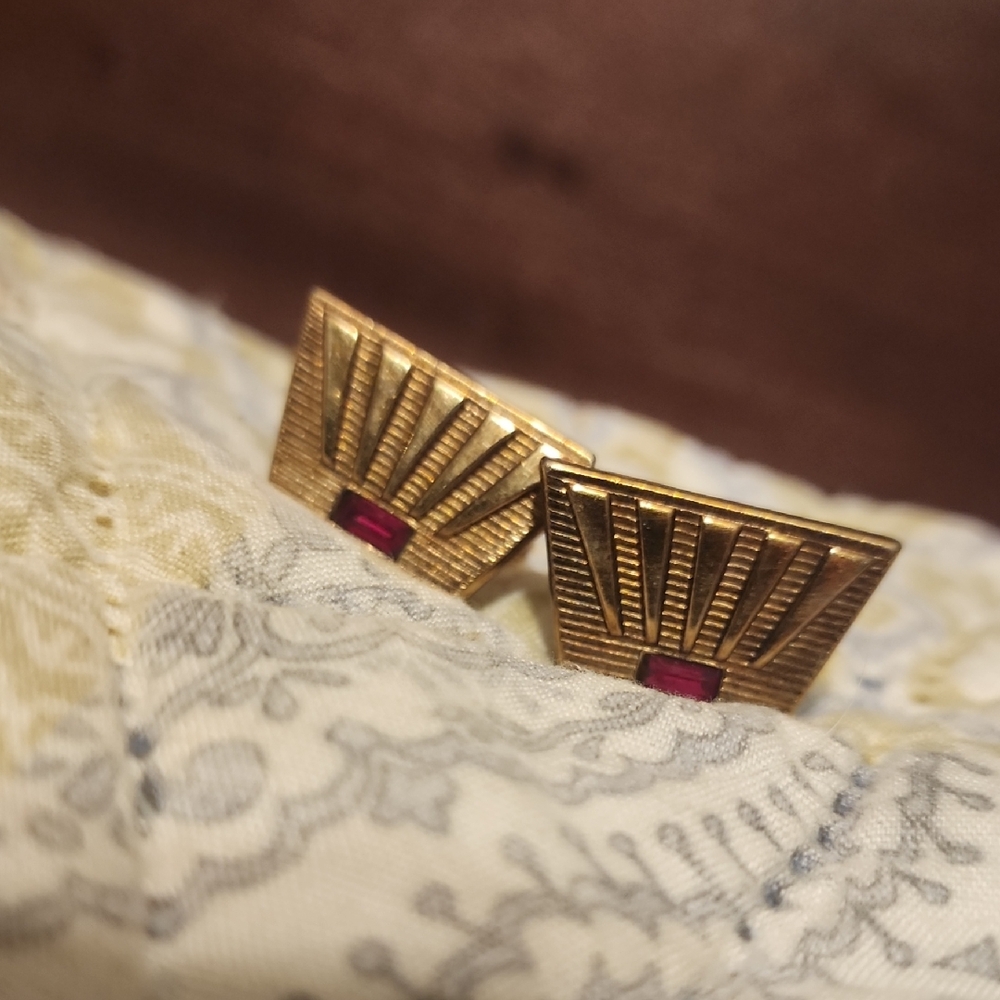 Vintage Gold Tone Cuff Links with Red Accent